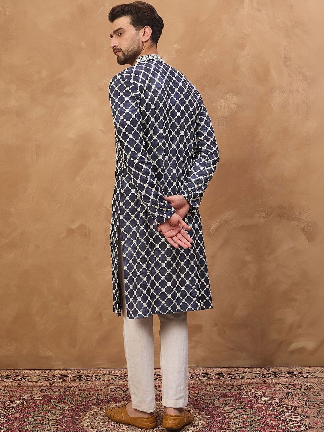 Men Blue Viscose Rayon Shibori Embroidered Straight Kurta With Pant Set-MKSET1534