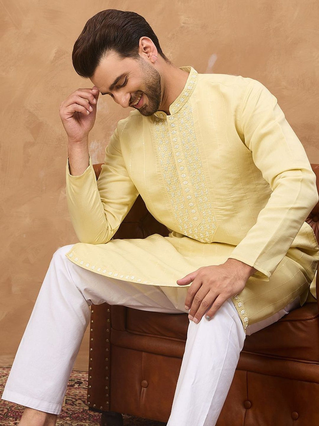 Men Yellow Silk Blend Solid Embroidered Straight Kurta With Pant Set-MKSET1507