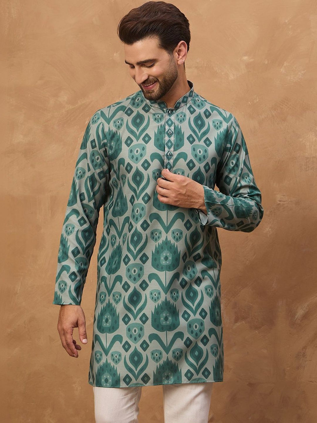 Men Green Cotton Blend Ethnic Motifs Printed Straight Kurta With Pant Set-MKSET1545