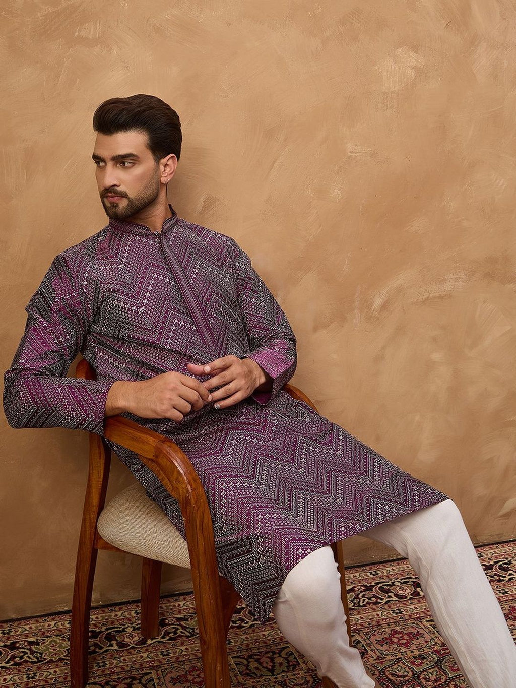 Men Purple Silk Blend Geometric Printed Straight Kurta With Pant Set-MKSET1521