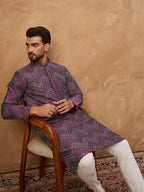 Men Purple Silk Blend Geometric Printed Straight Kurta With Pant Set-MKSET1521