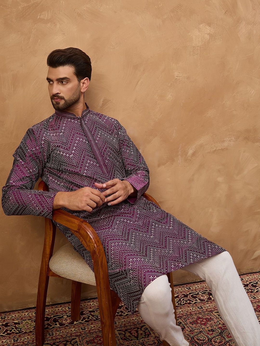Men Purple Silk Blend Geometric Printed Straight Kurta With Pant Set-MKSET1521
