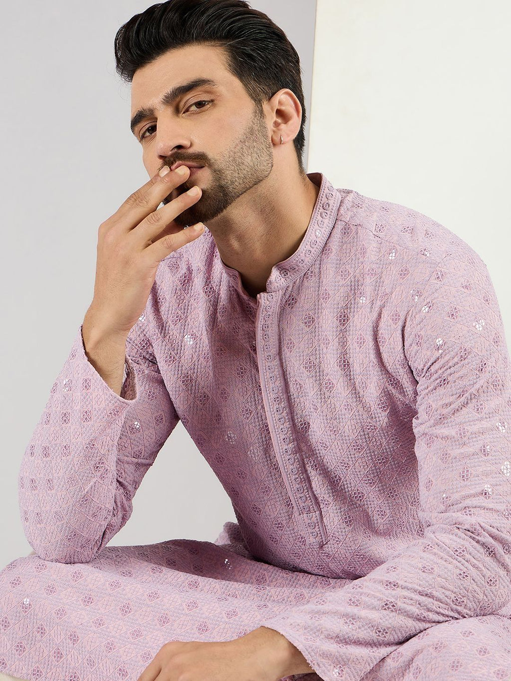 Men Purple Viscose Rayon Solid Embroidered Straight Kurta With Pant Set-MKSET1061
