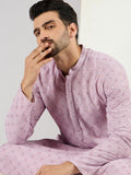 Men Purple Viscose Rayon Solid Embroidered Straight Kurta With Pant Set-MKSET1061