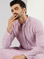 Men Purple Viscose Rayon Solid Embroidered Straight Kurta With Pant Set-MKSET1061