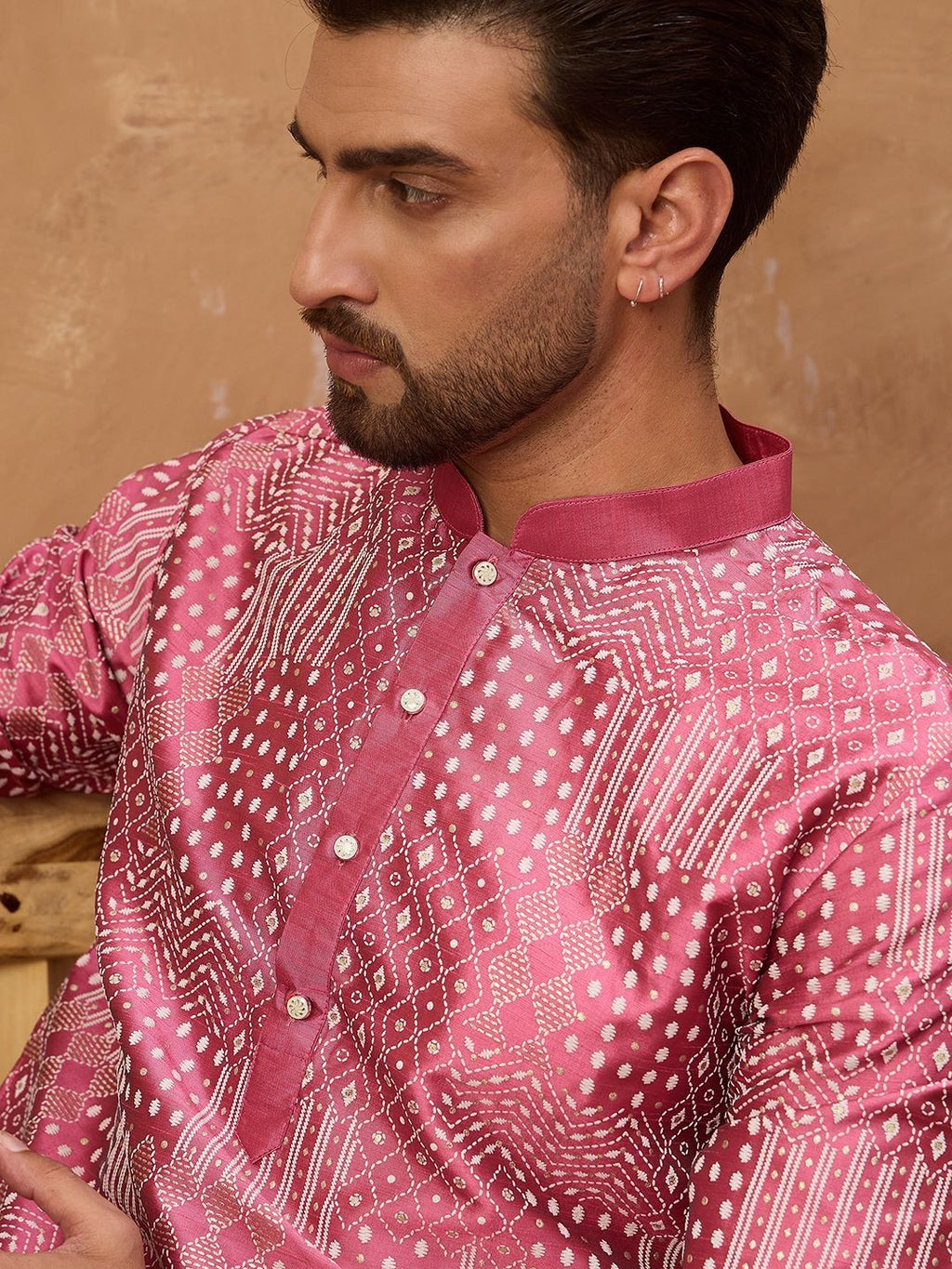 Men Pink Silk Blend Geometric Printed Straight Kurta With Pant Set-MKSET1526