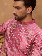 Men Pink Silk Blend Geometric Printed Straight Kurta With Pant Set-MKSET1526