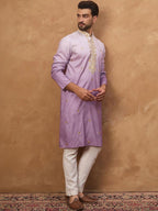 Men Purple Silk Blend Solid Embroidered Straight Kurta With Pant Set-MKSET1487