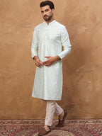 Men Blue Silk Blend Solid Embroidered Straight Kurta With Pant Set-MKSET1446