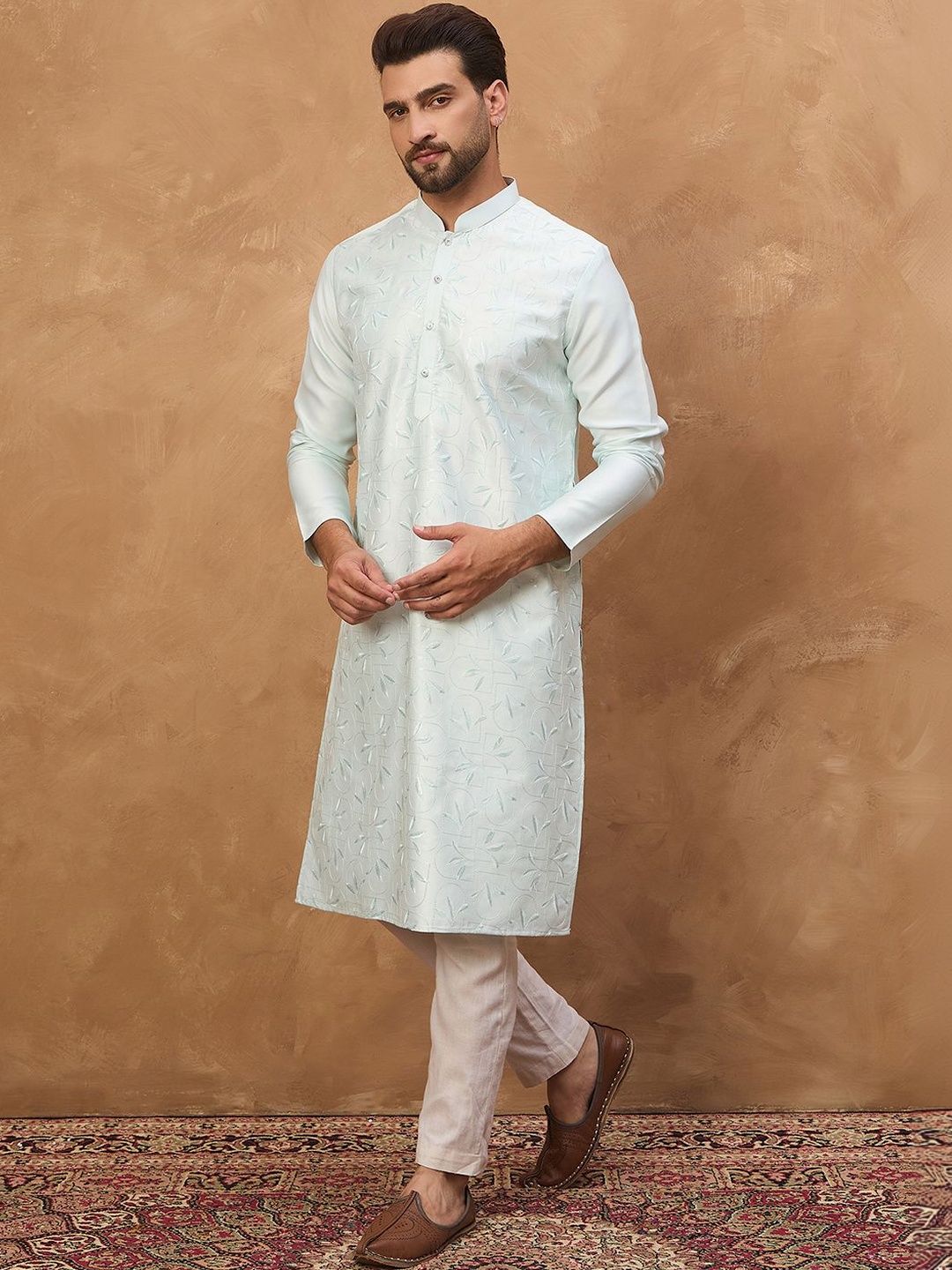 Men Blue Silk Blend Solid Embroidered Straight Kurta With Pant Set-MKSET1446