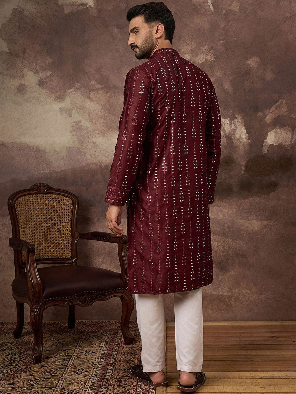 Men Maroon Silk Blend Solid Embroidered Straight Kurta With Pant Set-MKSET1361