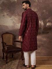 Men Maroon Silk Blend Solid Embroidered Straight Kurta With Pant Set-MKSET1361