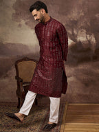 Men Maroon Silk Blend Solid Embroidered Straight Kurta With Pant Set-MKSET1361