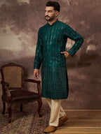 Men Teal Silk Blend Solid Embroidered Straight Kurta With Pant Set-MKSET1357