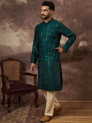Men Teal Silk Blend Solid Embroidered Straight Kurta With Pant Set-MKSET1357