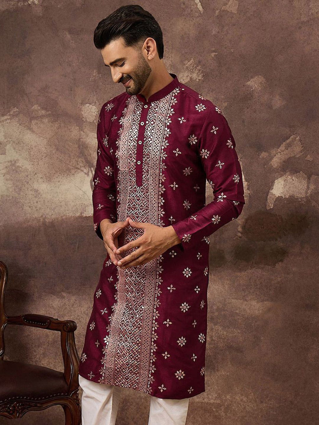 Men Maroon Silk Blend Solid Embroidered Straight Kurta With Pant Set-MKSET1369