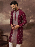 Men Maroon Silk Blend Solid Embroidered Straight Kurta With Pant Set-MKSET1369