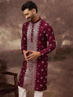 Men Maroon Silk Blend Solid Embroidered Straight Kurta With Pant Set-MKSET1369