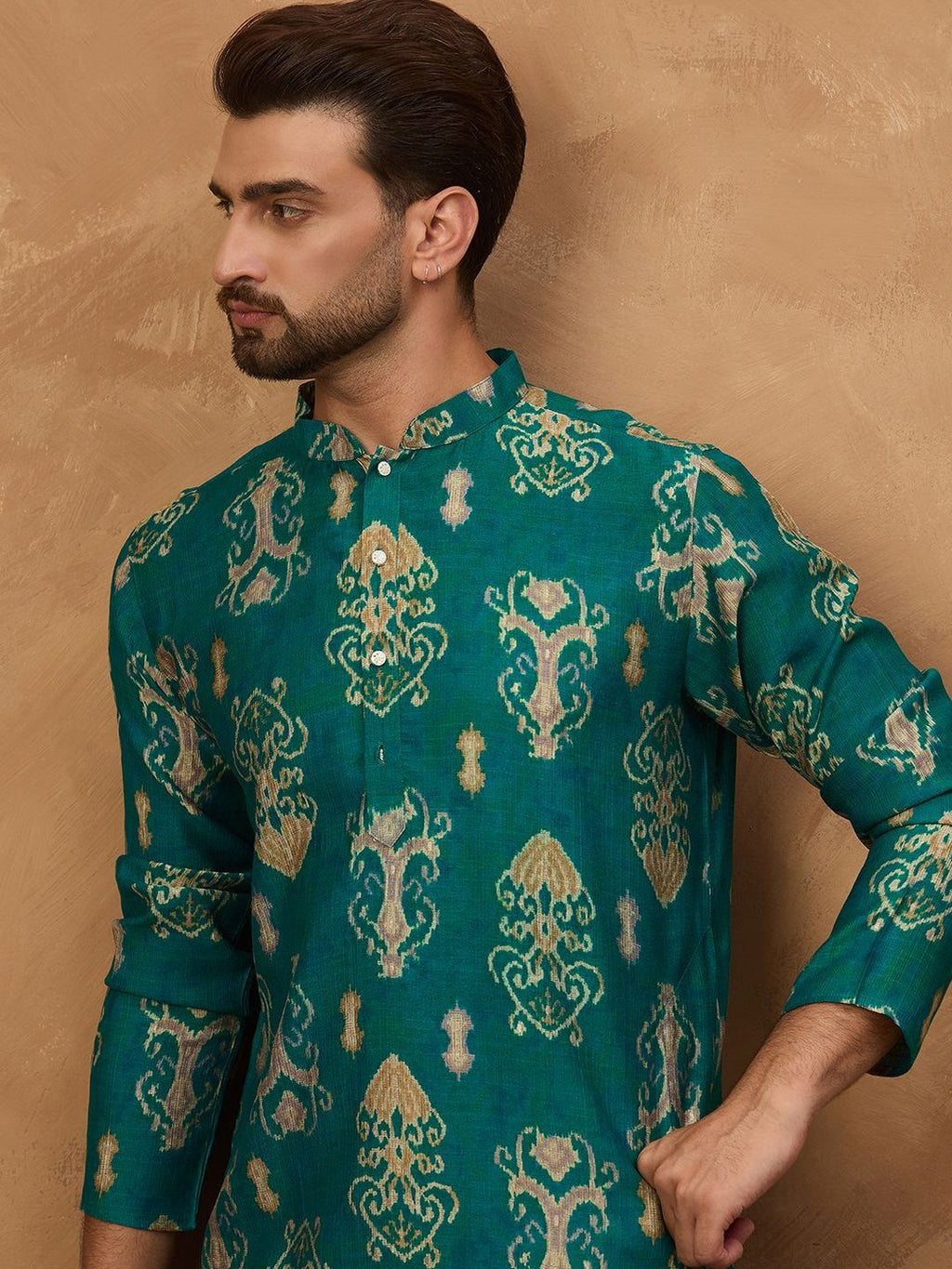 Men Blue Viscose Rayon Ikat Printed Straight Kurta With Pant Set-MKSET1546