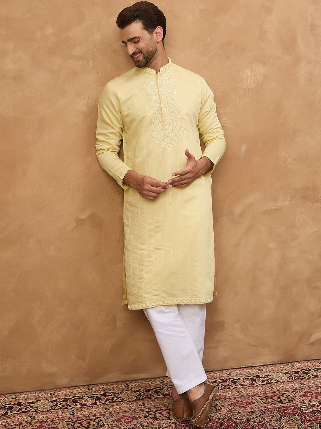 Men Yellow Silk Blend Solid Embroidered Straight Kurta With Pant Set-MKSET1507