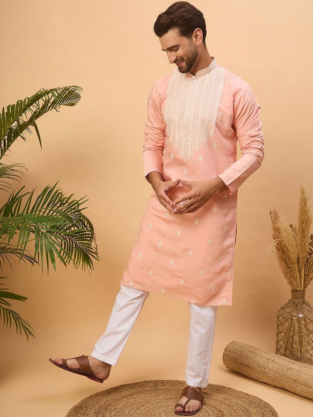 Men Peach Silk Blend Solid Embroidered Straight Kurta With Pant Set-MKSET1510
