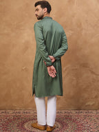Men Green Silk Blend Geometric Embroidered Straight Kurta With Pant Set-MKSET1517