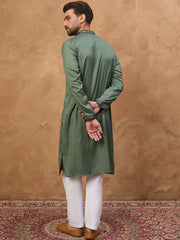 Men Green Silk Blend Geometric Embroidered Straight Kurta With Pant Set-MKSET1517