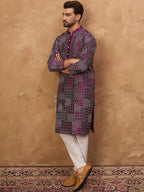 Men Purple Silk Blend Geometric Printed Straight Kurta With Pant Set-MKSET1529