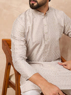 Men Grey Silk Geometric Printed Straight Kurta With Pant Set-MKSET1272