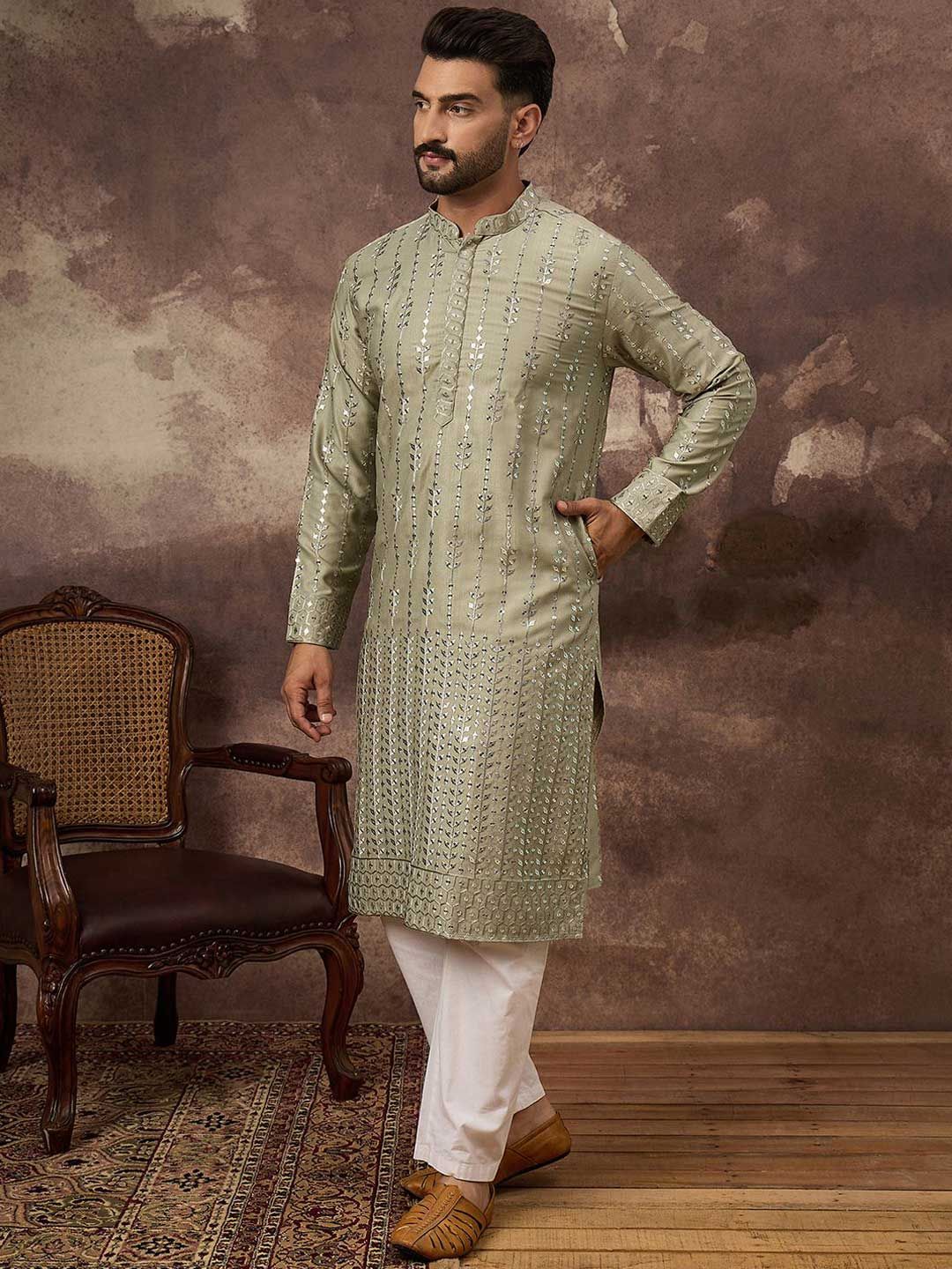 Men Green Silk Blend Solid Embroidered Straight Kurta With Pant Set-MKSET1356