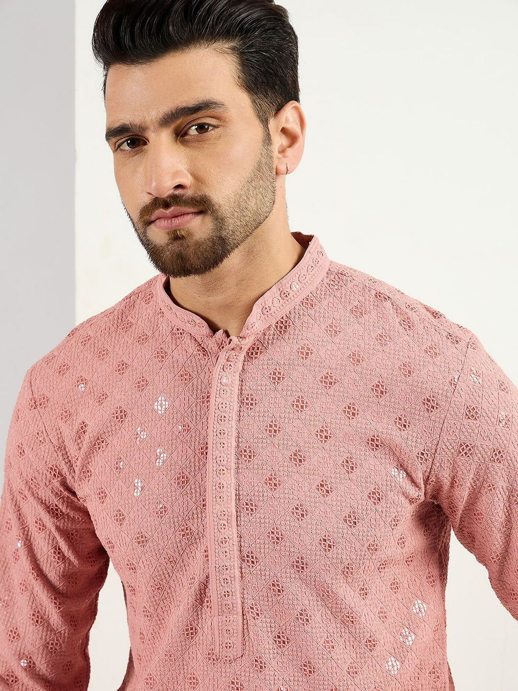 Men Pink Viscose Rayon Embroidered Straight Kurta With Pant Set-MKSET1060