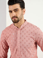 Men Pink Viscose Rayon Embroidered Straight Kurta With Pant Set-MKSET1060