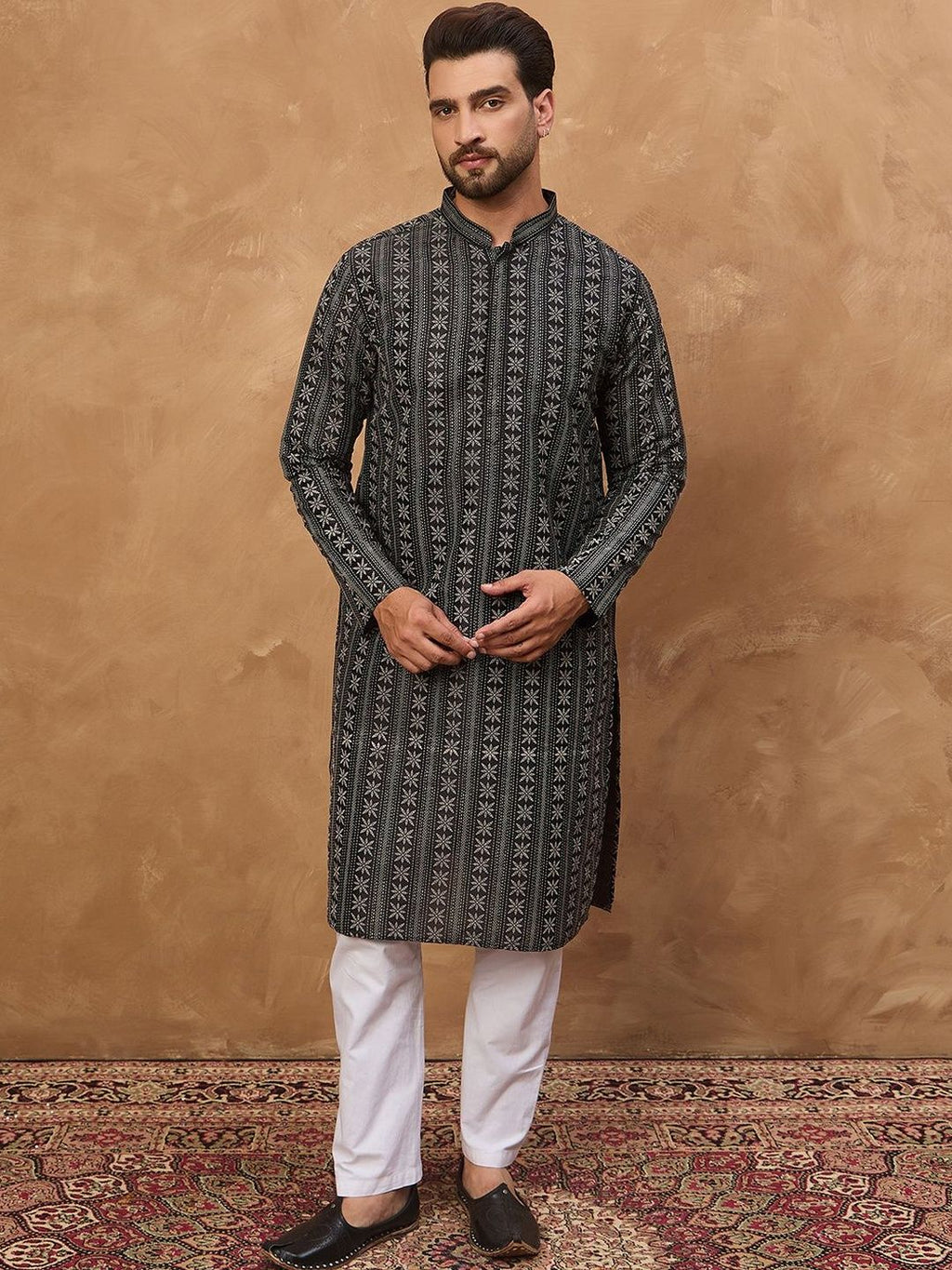 Men Black Silk Blend Geometric Printed Straight Kurta With Pant Set-MKSET1523