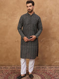 Men Black Silk Blend Geometric Printed Straight Kurta With Pant Set-MKSET1523