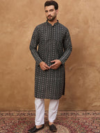 Men Black Silk Blend Geometric Printed Straight Kurta With Pant Set-MKSET1523