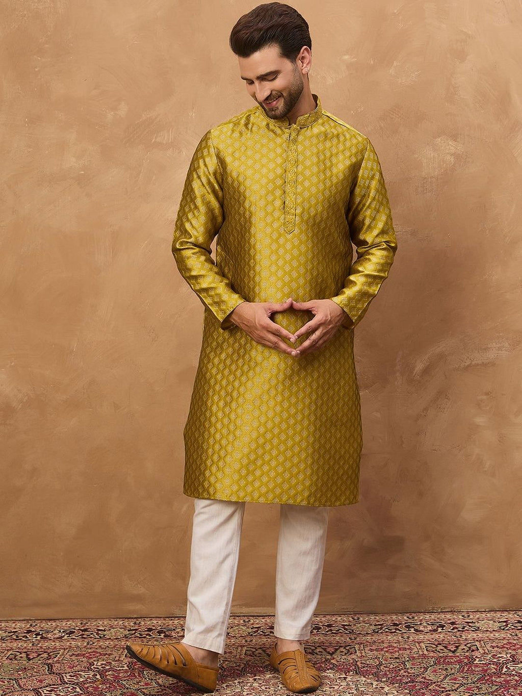 Men Yellow Silk Blend Solid Woven Design Straight Kurta With Pant Set-MKSET1459