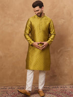 Men Yellow Silk Blend Solid Woven Design Straight Kurta With Pant Set-MKSET1459