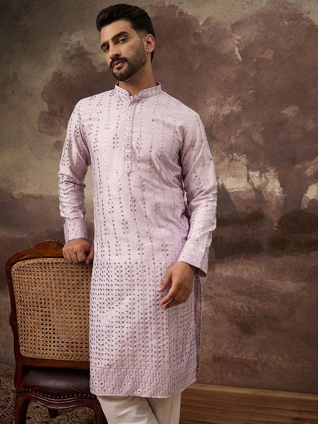 Men Lavender Silk Blend Solid Embroidered Straight Kurta With Pant Set-MKSET1359
