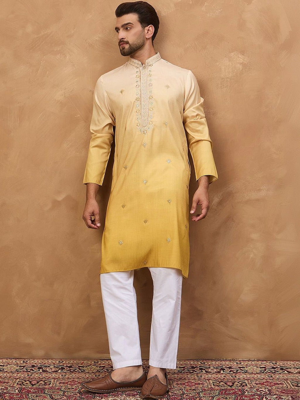 Men Yellow Silk Blend Solid Embroidered Straight Kurta With Pant Set-MKSET1486