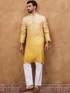 Men Yellow Silk Blend Solid Embroidered Straight Kurta With Pant Set-MKSET1486