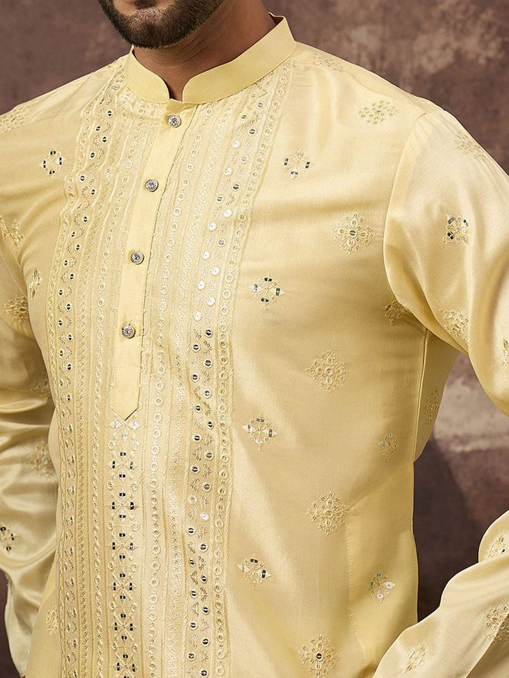 Men Yellow Silk Blend Solid Embroidered Straight Kurta With Pant Set-MKSET1364