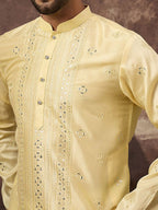 Men Yellow Silk Blend Solid Embroidered Straight Kurta With Pant Set-MKSET1364