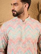 Men Multicolour Viscose Rayon Geometric Embroidered Straight Kurta With Pant Set-MKSET1193