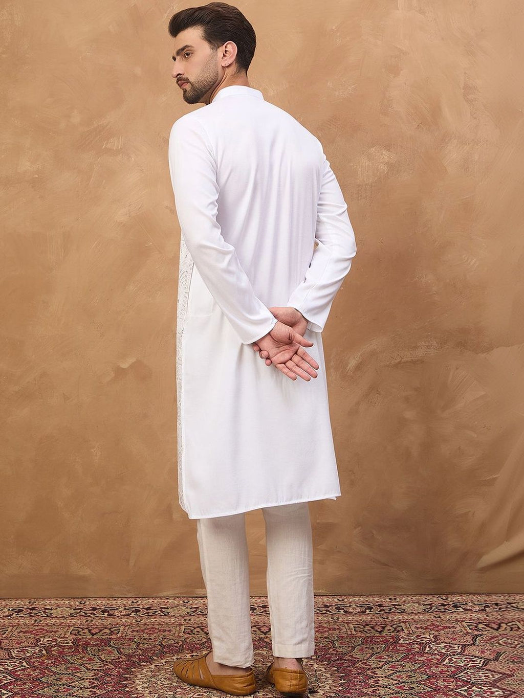 Men White Silk Blend Solid Embroidered Straight Kurta With Pant Set-MKSET1444