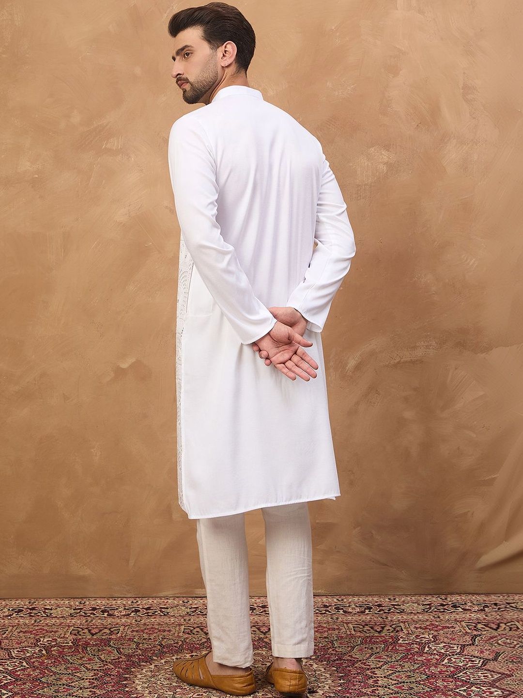 Men White Silk Blend Solid Embroidered Straight Kurta With Pant Set-MKSET1444