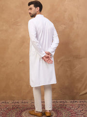 Men White Silk Blend Solid Embroidered Straight Kurta With Pant Set-MKSET1444