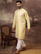 Men Yellow Silk Blend Solid Embroidered Straight Kurta With Pant Set-MKSET1383