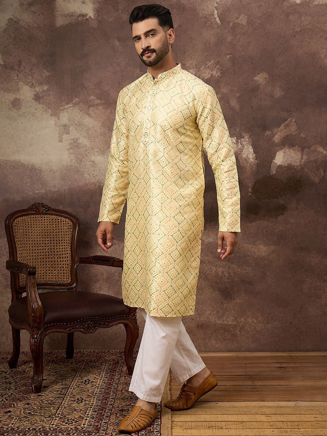 Men Yellow Silk Blend Solid Embroidered Straight Kurta With Pant Set-MKSET1383