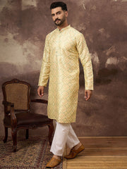 Men Yellow Silk Blend Solid Embroidered Straight Kurta With Pant Set-MKSET1383