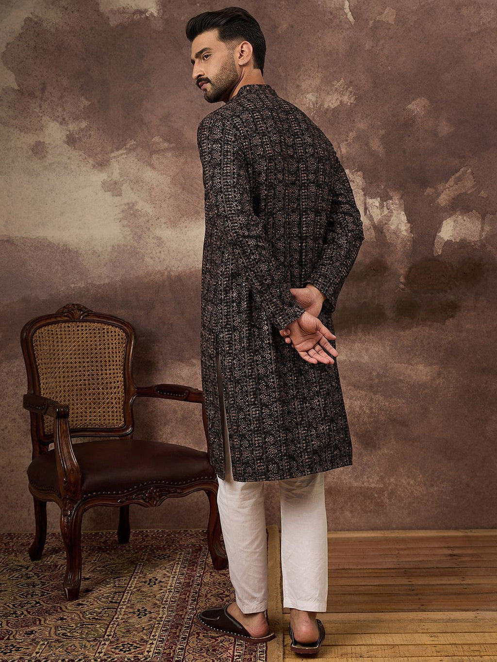 Men Black Viscose Rayon Ethnic Motifs Embroidered Straight Kurta With Pant Set-MKSET1405